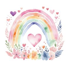 a watercolor rainbow with hearts and flowers