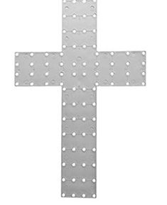 a metal cross with white dots on the center and bottom, against a white background