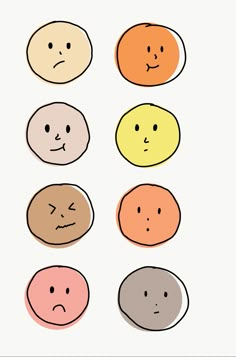 six different faces with different expressions drawn on them