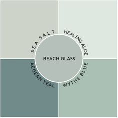 the beach glass color scheme is shown in shades of blue, green and gray with text that reads sea salt, relaxing aloe, ocean teal