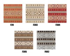 four different types of rugs with different colors and patterns on each one, including red, orange, beige, white