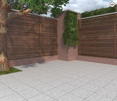 a 3d image of a fenced in area next to a tree and brick wall