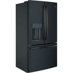 a black refrigerator with the door open and water dispenser on it's side