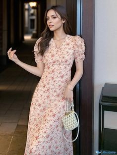 Orcajump - Ditsy Floral Print Dress, Elegant Puff Sleeve V Neck Maxi Dress, Women's Clothing Puff Sleeve Maxi Dress, V Neck Maxi Dress, Ditsy Floral Print, Dress Elegant, Maxi Dress With Sleeves, Ditsy Floral, Type A, Floral Print Dress, Autumn Summer