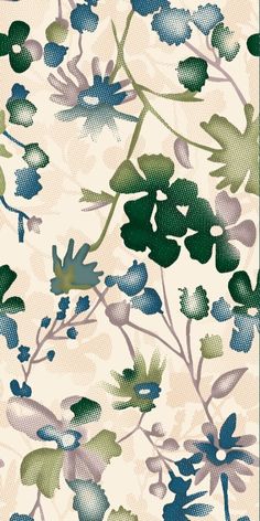 an abstract floral pattern with blue and green leaves