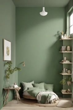 home interior design,home decor interior design,interior bedroom design,living room interior Green Paint Room Ideas Bedroom, Green Colour Bedroom, Green Paint Schemes, Green Yoga Room, Light Green Wall Paint, Colour Palette For Bedrooms, Green Room Paint, Green Wall Painting Ideas, Green Painted Bedroom