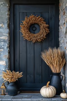 two black vases filled with dry grass next to a wreath and pumpkins on the front porch