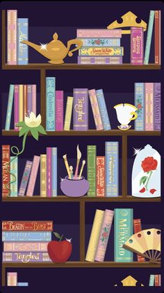 a book shelf filled with lots of books next to a vase and other items on top of it