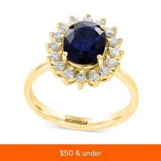 a blue sapphire and diamond ring with the words $ 350 & under below it on an orange background