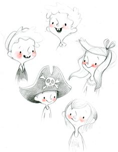 some drawings of people with hats on and one is wearing a pirate's hat