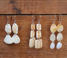 four different types of seashells hanging from hooks on a wooden surface with numbers in the background