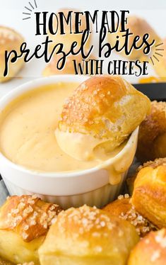 homemade pretzel bites with cheese in a bowl and on a plate next to bread rolls