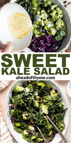 a bowl filled with kale salad next to another bowl full of greens and dressing