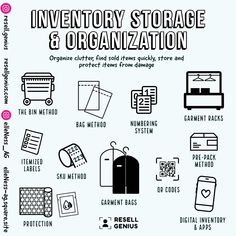 the inventory storage and organization poster is shown in black and white, with information about it