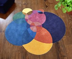 four circular rugs are on the floor next to a potted plant