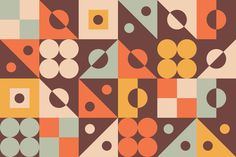 an abstract geometric design with orange, brown and green shapes in the center on a beige background