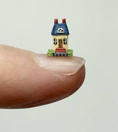 a tiny toy house sitting on top of a finger