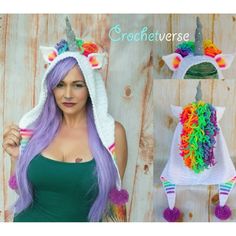 a woman with long purple hair wearing a white unicorn hat and green tank top is standing in front of a wooden wall