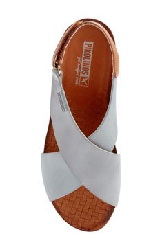 A cushioned sandal with a low cork-textured wedge and crossover straps is meant for all-day comfort. 1 1/4" heel; 1/2" platform (size 39) Adjustable hook-and-loop strap Leather upper and lining/synthetic sole Imported Women's Shoes Trendy Sandals, Closed Toe Sandals, Whimsical Paintings, Platform Sandals, Nice Shoes, Womens Sandals, Leather Straps, Leather Upper, Casual Fashion