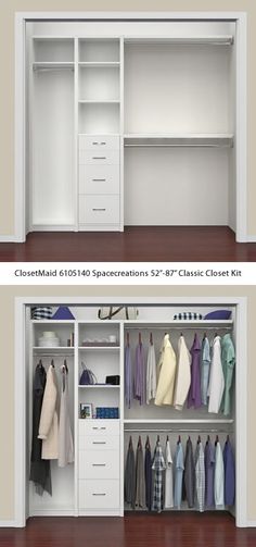 two white closets with open doors and drawers