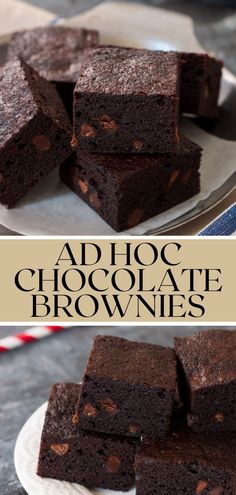 chocolate brownies stacked on top of each other with the words ad hocc chocolate brownies