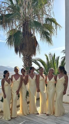 a group of women standing next to each other in front of a palm tree on the beach