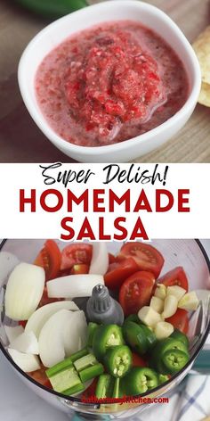 the ingredients to make homemade salsa in a bowl and on top of a wooden table