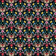 a black background with colorful flowers and birds on it's back ground, all in different colors