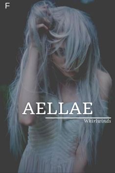 a woman with long white hair standing in front of a black and white background that says aeliae