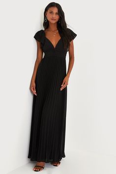 Ideal Occasion Black Pleated Flutter Sleeve Backless Maxi Dress Classic Black Bridesmaid Dress, Black Semi Formal Wedding Attire, Lulus Black Dress, Black Maid Of Honor Dress, Wedding Guest Dress For Fall, Black Wedding Guest Dress, Black Tie Wedding Guest Dresses, Black And White Long Dresses, Black Tie Wedding Guest