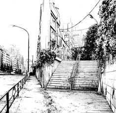 a black and white drawing of steps leading up to the top of a building in an urban area