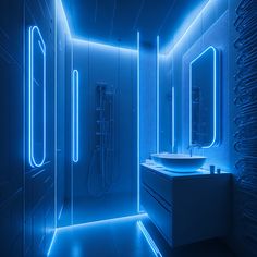 a bathroom with blue lighting in the shower and sink, along with two mirrors on the wall