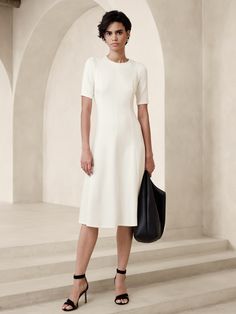 Soft Touch Scuba Seamed Midi Dress | Banana Republic Factory Lunch Outfit Summer, Sheath Dress Outfit, Reunion Dress, Lunch Outfit, Black Dress Style, Midi Dress Outfit, Business Casual Fall, Macy Dresses, Classic White Shirt