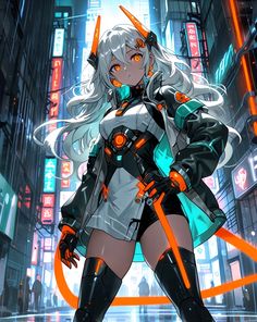 an anime character standing in the middle of a city with neon lights on her face