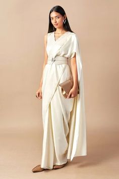 Ivory saree gown with corded embroidery. Paired with horse buckled belt. - Aza Fashions Sarees With Belt Style, Ivory Saree, Corded Embroidery, Gown With Belt, Indo Western Saree, Saree Gowns, Saree With Belt, Organza Lehenga, Modern Saree