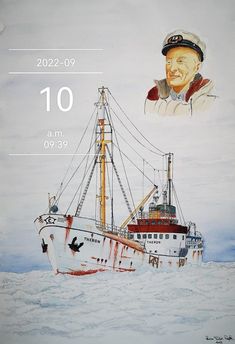 a drawing of a boat in the water with a man's face next to it