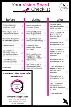 the vision board checklist is shown with pink and black lines on it, along with an image of a woman's face