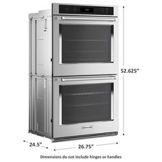 two ovens side by side with measurements for the top and bottom, one in stainless steel