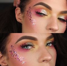 Pink Glitter Festival Makeup, T Swift Makeup, Glitter Makeup Taylor Swift, Face Glitter Taylor Swift, Pink Dance Competition Makeup, Pink Face Glitter, The Eras Tour Makeup Ideas, Taylor Swift Concert Makeup Ideas, Taylor Swift Eras Makeup