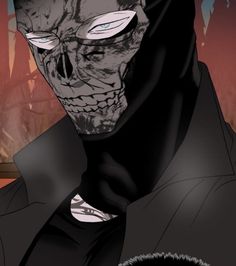 a man in a black suit with a skull on his face