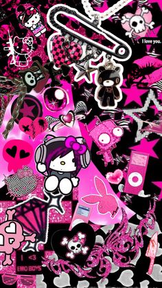 pink and black wallpaper with lots of stickers