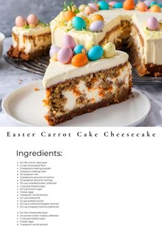 an easter carrot cake cheesecake with white frosting and colorful eggs on top is shown