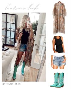 Country Concert Boots Outfit, Country Outfits Women Bandana, Summer Fringe Outfit, Nashville Boots Outfit, Country Kimono Outfit, Texas Chic Outfit Gala, Daytime Concert Outfit, Kimono Concert Outfit, Country Music Outfit Women