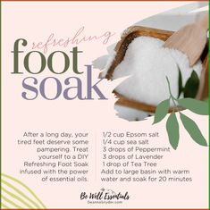 After a long day, your tired feet deserve some pampering. Treat yourself to a DIY Refreshing Foot Soak infused with the power of essential oils. \n\nInstructions\n\n✔️ Fill a basin with warm water.\n✔️ Add 1/2 cup Epsom salt and 1/4 cup sea salt; stir to dissolve.\n✔️ Drop in 3 drops each of Peppermint and Lavender essential oils and 1 drop of Tea Tree oil.\n✔️ Soak your feet for 15-20 minutes.\n✔️ Relax, breathe, and let the soothing aroma melt stress away.\n✔️ Pat feet dry and enjoy refreshed feet. Foot Bath Recipes, Vinegar Foot Soak, Pedicure Diy, Epsom Salt Foot Soak, Pedicure Soak, Diy Foot Soak, Foot Soak Recipe, Homemade Spa, Diy Pedicure