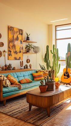 a living room filled with furniture and lots of plants