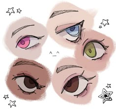 four different colored eyes with stars on the top one and bottom two are drawn in pencil