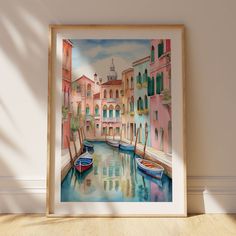 a watercolor painting of two boats in a canal