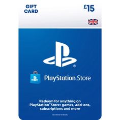 the playstation gift card for $ 15 is shown in blue and white with an image of a