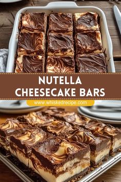 nutella cheesecake bars with chocolate swirl on top