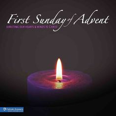 a lit candle with the words first sunday of adventt on it and an image of a